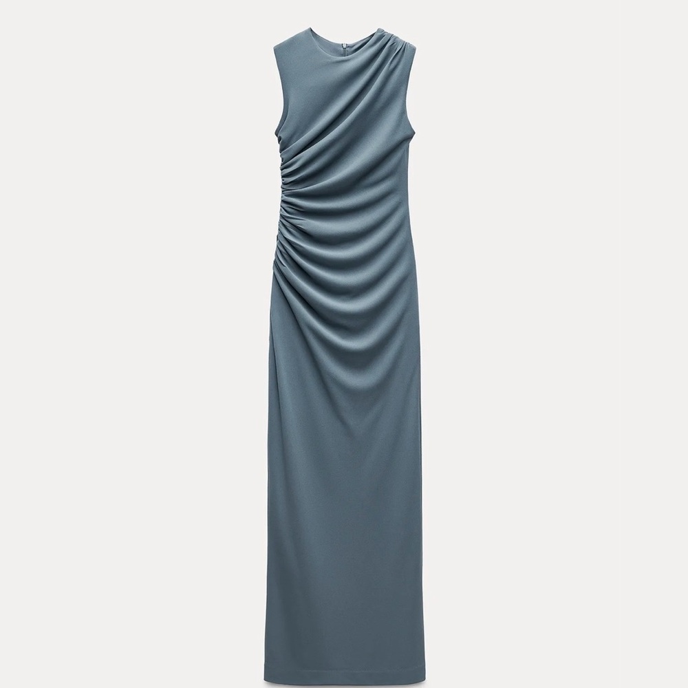 Zara Slate Blue Gathered Maxi Dress